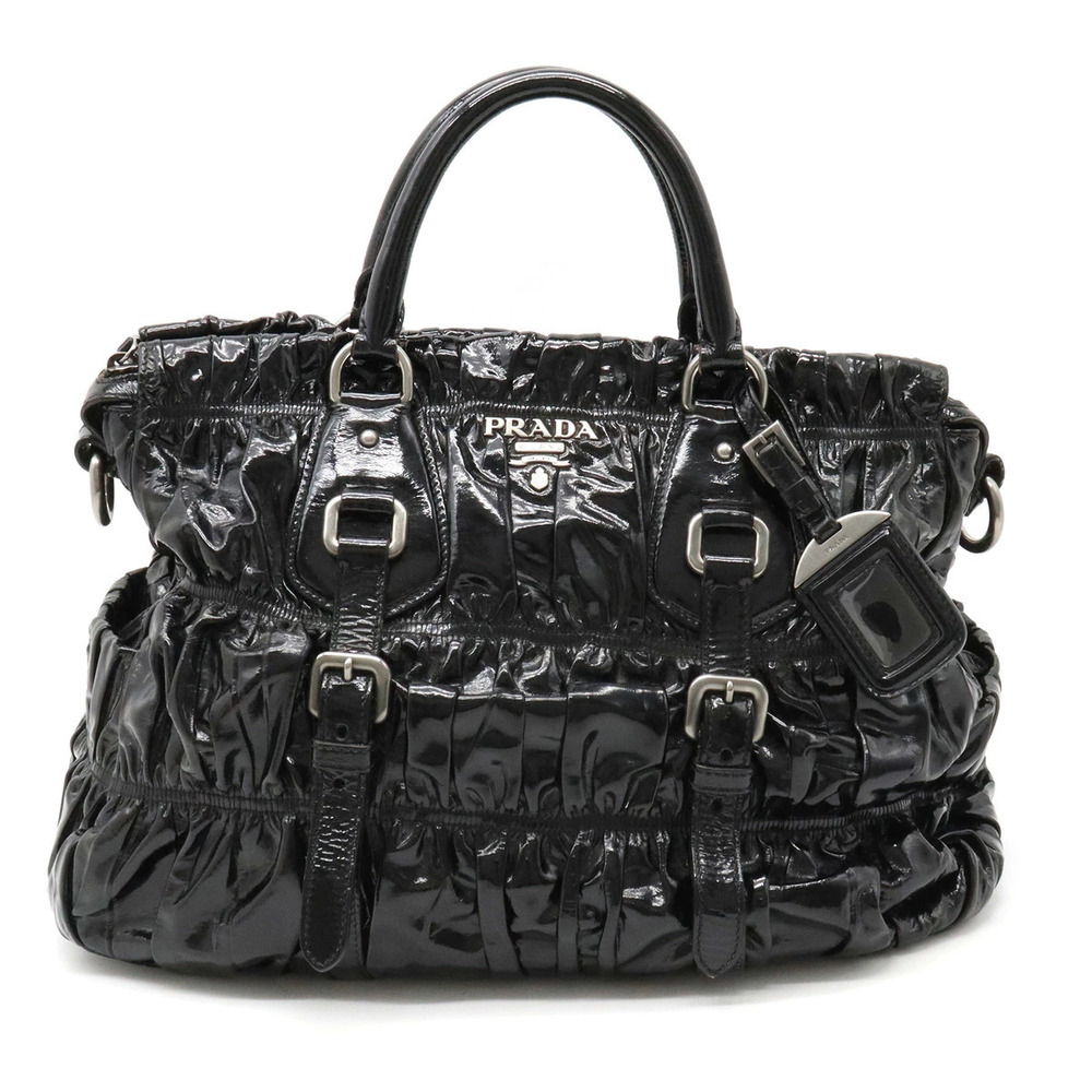 Prada Gathered Handbag Tote Bag Enamel Leather NERO Black